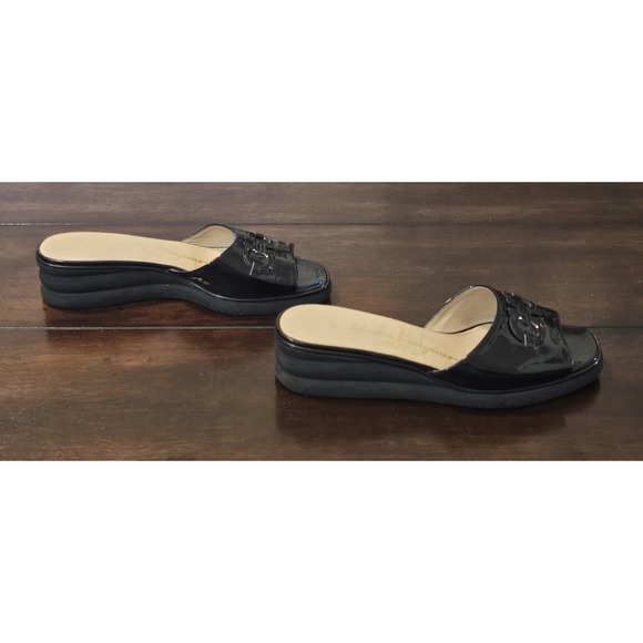Salvatore Ferragamo Shoes - Salvatore Ferragamo Patent Leather Logo Sandals Women's Size 8 B Black